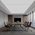 Modern Conference Room Interior With Large Table Brown Chairs Floor To Ceiling Windows And TV