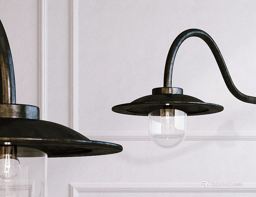 Modern Black Metal Wall Sconces With Curved Arm Round Base And Transparent Glass Globe 3d model 