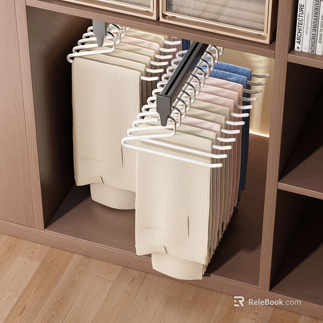 Wooden Closet Interior With Hanging Pants On White Hangers And Shelves 3d model 