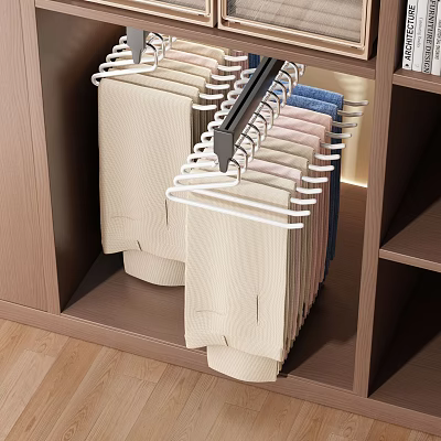 Wooden Closet Interior With Hanging Pants On White Hangers And Shelves 3d model