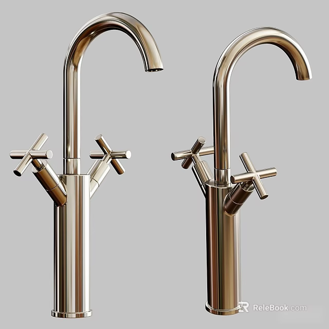 Two Modern Brass Faucets With Cross Handles And Sleek Metal Design 3d model 