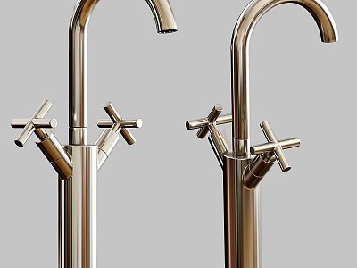 Two Modern Brass Faucets With Cross Handles And Sleek Metal Design 3d model
