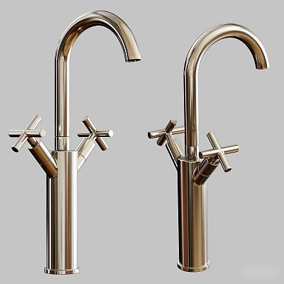 Two Modern Brass Faucets With Cross Handles And Sleek Metal Design 3d model