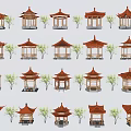 Traditional Chinese Pavilions With Red Roofs And Small Trees In Various Designs