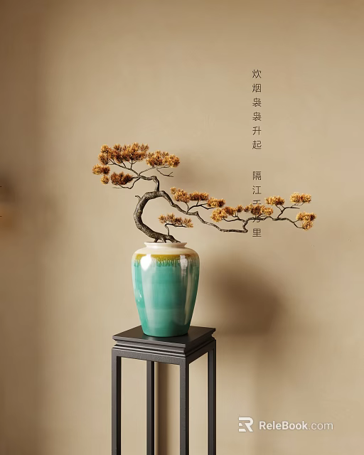 Traditional Chinese Bonsai Potted Plant in Green Ceramic Vase on Black Wooden Stand 3d model 