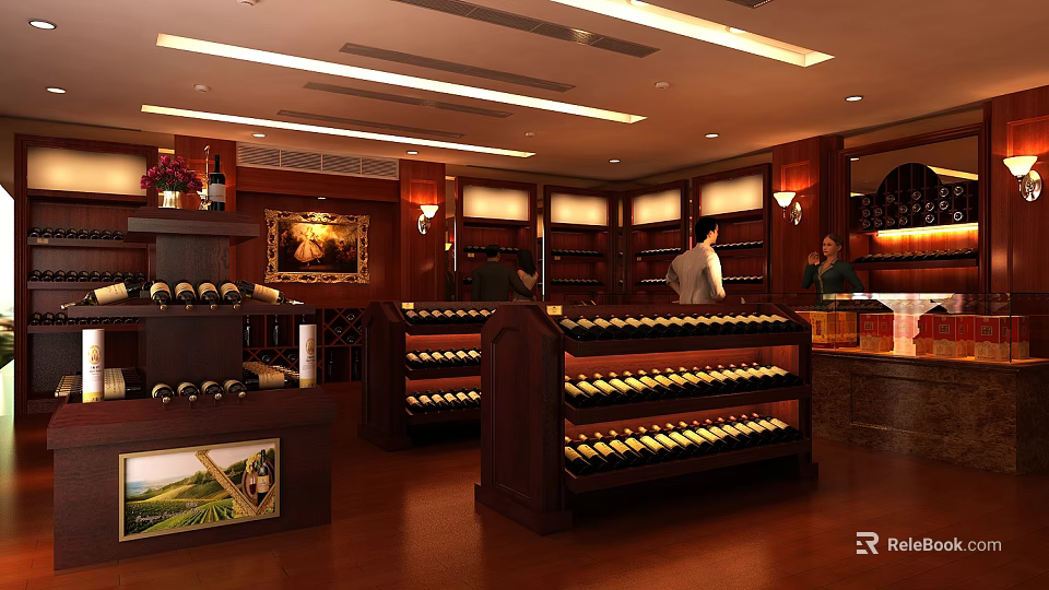 Liquor and Tobacco Store Interior With Wooden Wine Racks And Displayed Wines 3d model 
