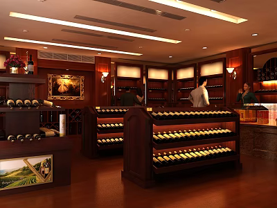Liquor and Tobacco Store Interior With Wooden Wine Racks And Displayed Wines 3d model