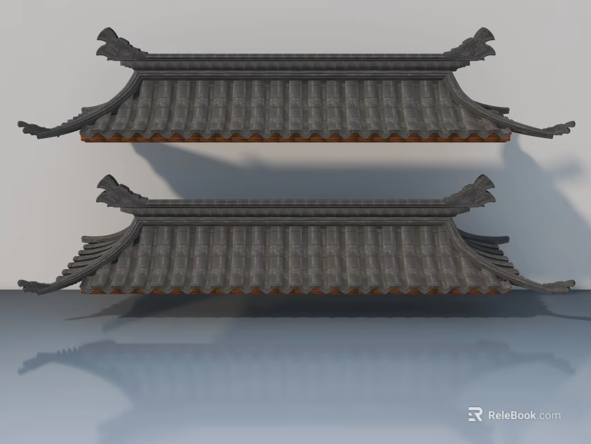 Traditional Chinese Style Roof 3D Models With Curved Eaves Tile And Reflection Design 3d model 