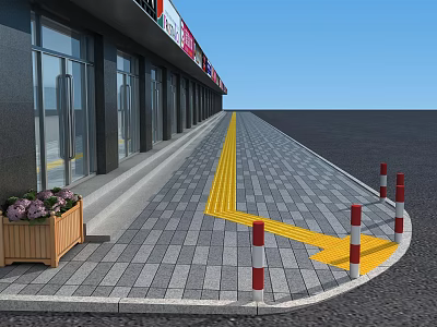 Modern Commercial Street With Glass Facades Paved Walkway Yellow Markings And Flower Planter 3d model