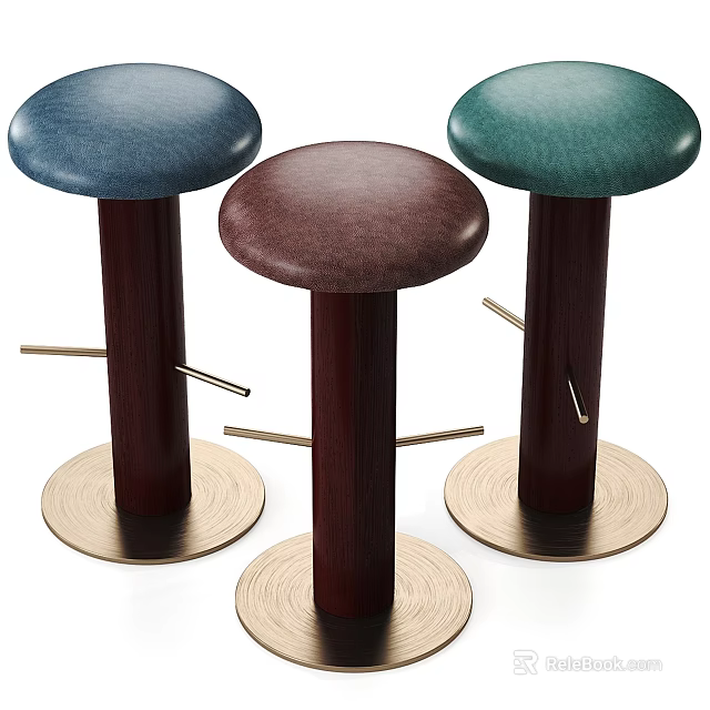 Modern Leather Bar Stools With Blue Green Brown Round Seats And Wooden Legs Metal Footrests 3d model 