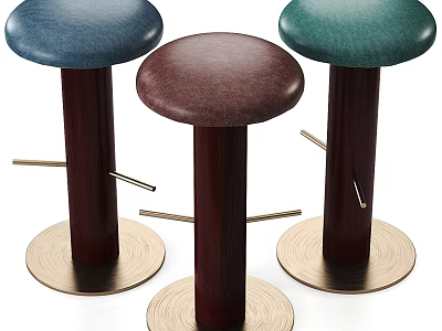 Modern Leather Bar Stools With Blue Green Brown Round Seats And Wooden Legs Metal Footrests 3d model