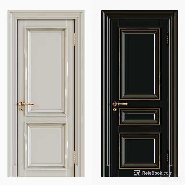 Modern Style Swing Doors with Light and Black Colors and Golden Handles 3d model 