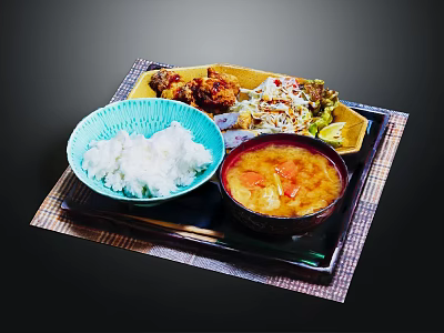 Delicious Japanese Food Tray With Rice Fried Chicken Soup And Side Dishes 3d model