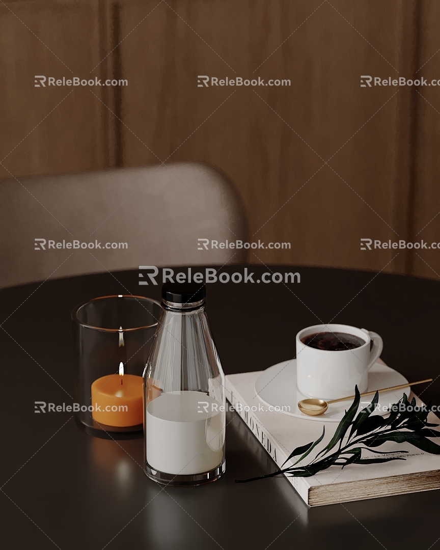 Ornament combination candle milk coffee cup green plant kitchen utensils books 3d model