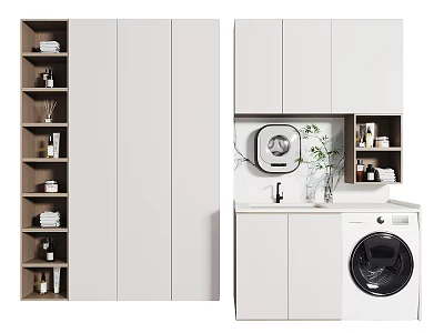 Elegant Modern White Bathroom Cabinetry With Storage Cabinets And Washing Machine 3d model