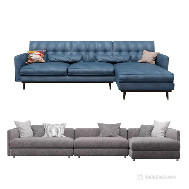 Blue And Gray Upholstered Sectional Sofas With Throw Pillows And Chaise Lounge Design 3d model