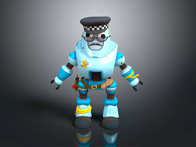 Blue Robot Police Officer 3D Model With Checkered Hat Badge Belt And Yellow Accents 3d model
