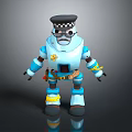 Blue Robot Police Officer 3D Model With Checkered Hat Badge Belt And Yellow Accents