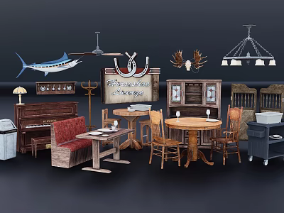 Cozy Leisure Chair in Retro Living Space with Wooden Table Pendant Light and Antler Decor 3d model