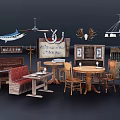 Cozy Leisure Chair in Retro Living Space with Wooden Table Pendant Light and Antler Decor