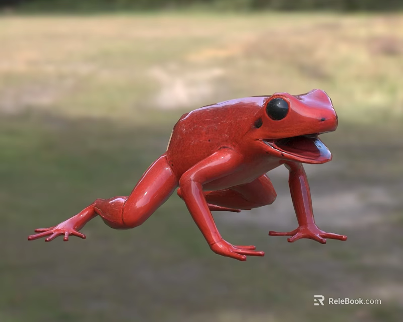 Red Aquatic Frog Displaying Open Mouth In Natural Grass Habitat 3d model 