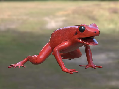 Red Aquatic Frog Displaying Open Mouth In Natural Grass Habitat 3d model