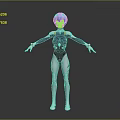 3D Anime Style Game Movie Character With Blue Hair And Purple Black Tight Outfit