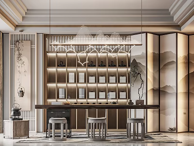 Chinese Style Tea Room Interior with Bookshelves Hanging Pendant Lights Landscape Paintings Long Table and Stools 3d model