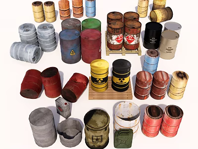 Various Colored Metal and Wooden Barrels with Warning Signs Stacked and Placed 3d model