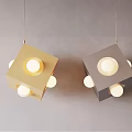 Modern Cube Shaped Pendant Lights in Gold and Gray with Round Bulbs 3d model