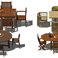 Wooden Dining Table And Chair Sets With Round Rectangular Designs And Decorative Plates Plants 3d model