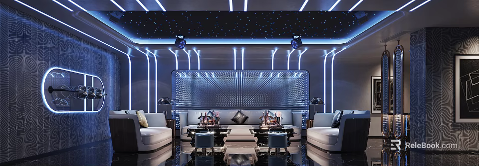 KTV Lounge Interior With Starry Ceiling Blue Lighting Comfortable Sofas Coffee Tables And Decorative Wall 3d model