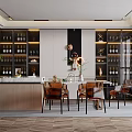Elegant Modern Restaurant Interior Design With Wine Cabinets Dining Table And Pendant Lights 3d model