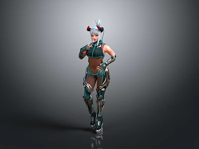 Futuristic Female Character With Horned Headdress Mechanical Armor Green Black 3D Rendering 3d model
