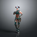 Futuristic Female Character With Horned Headdress Mechanical Armor Green Black 3D Rendering