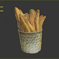 Golden Brown Crispy Fries Served In Hammered Metallic Cup On Dark Background