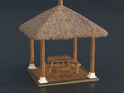 Outdoor Thatch Roof Gazebo With Wooden Bench Table And Pillars Platform 3d model
