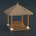 Outdoor Thatch Roof Gazebo With Wooden Bench Table And Pillars Platform