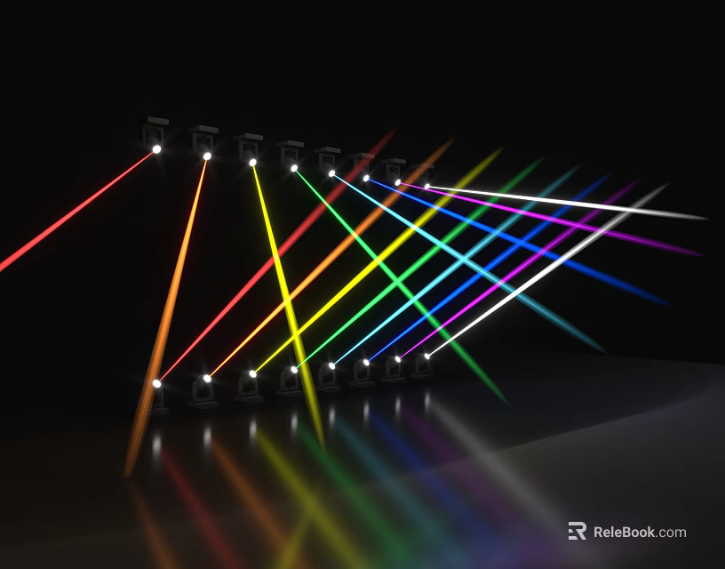 Colorful Decorative Lights with Multiple Light Beams on Dark Reflective Surface 3d model 