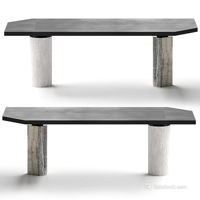 Modern Dining Table With Black Tabletop And Marble Patterned Legs Design 3d model 
