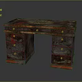Vintage Wooden Writing Desk With Ornate Carvings Multiple Drawers And Gold Hardware