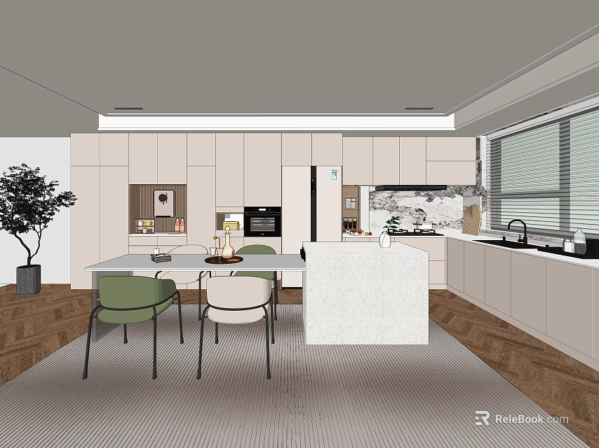 Modern Kitchen Interior With White Cabinets Island Counter And Dining Chairs 3d model