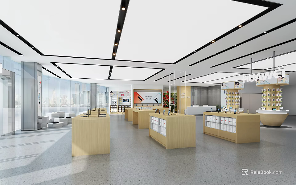 Modern Digital Store Interior With Display Counters And Bright Space 3d model 