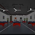 Indoor Table Tennis Court With Blue Top Red Leg Tables Wall Paintings And Green Plants