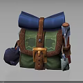 Green Backpack With Brown Straps Blue Top Orange Buckle Decorative Patterns And Tools Axe Shovel