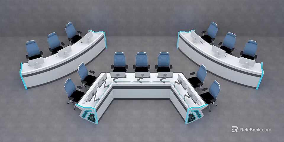 Modern Conference Table Design With White Desktop Curved Workstations And Blue Chairs 3d model 