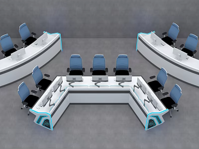 Modern Conference Table Design With White Desktop Curved Workstations And Blue Chairs 3d model