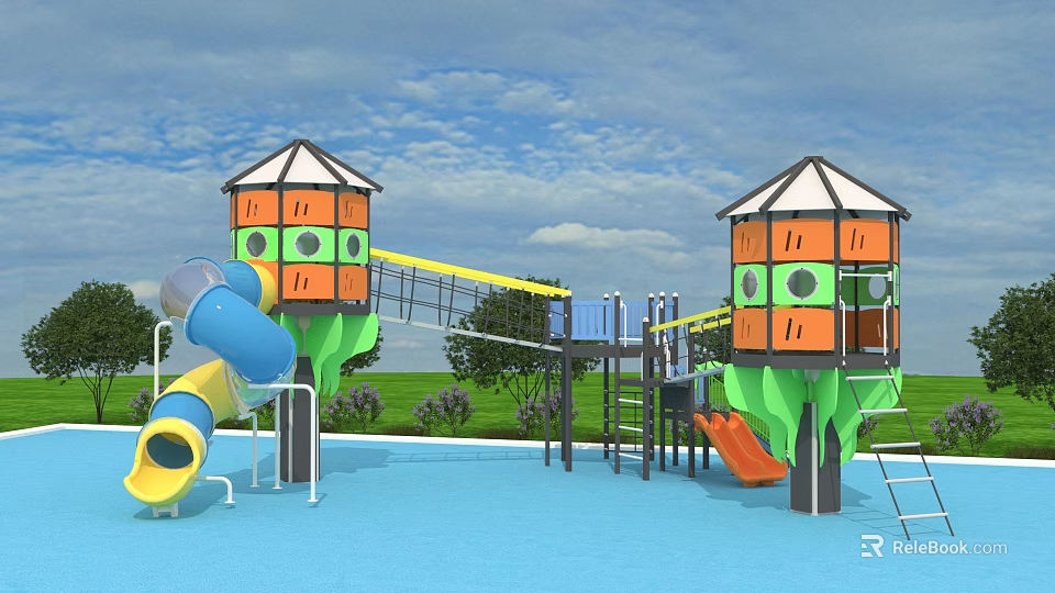 Fun Outdoor Playground Equipment With Colorful Towers Slides And Bridge 3d model 