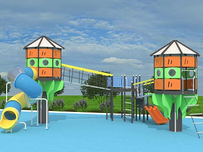 Fun Outdoor Playground Equipment With Colorful Towers Slides And Bridge 3d model