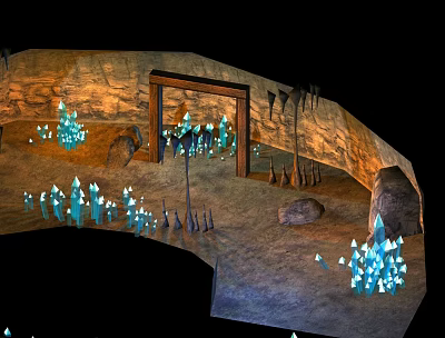 Cartoon Cave Scene with Glowing Blue Crystals Stone Ground and Doorway 3d model
